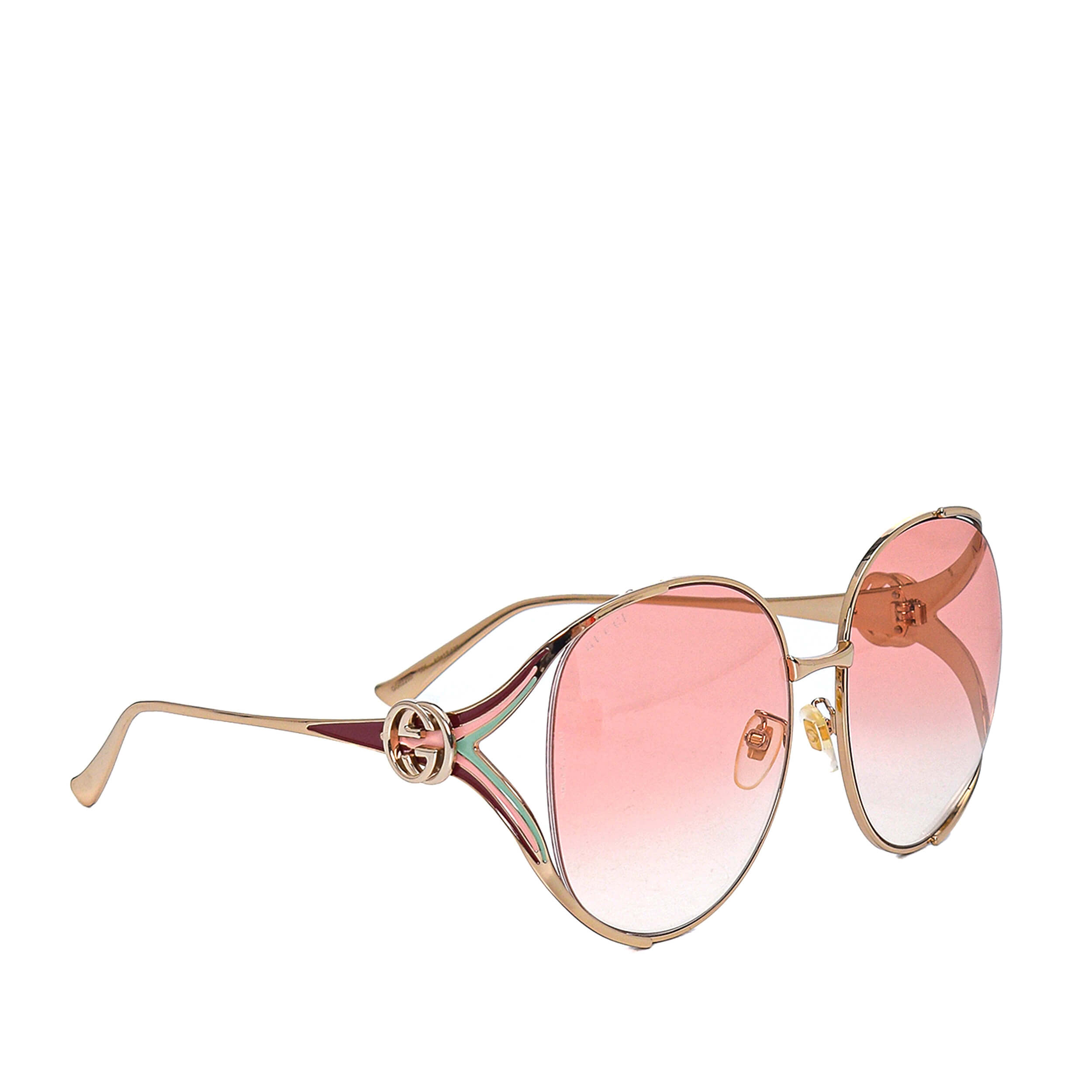 Gucci - Light Gold Tone & Pink Web Striped GG Alligator Sunglasses